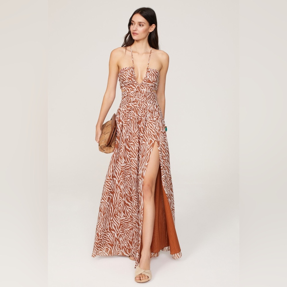 Tanya Taylor Rust and White Printed Halter Maxi Dress